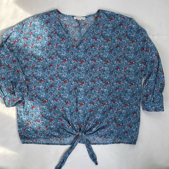 Beachlunchlounge Blue 3/4 Sleeve Tie Front Viscose  Blouse Medium - Picture 15 of 15